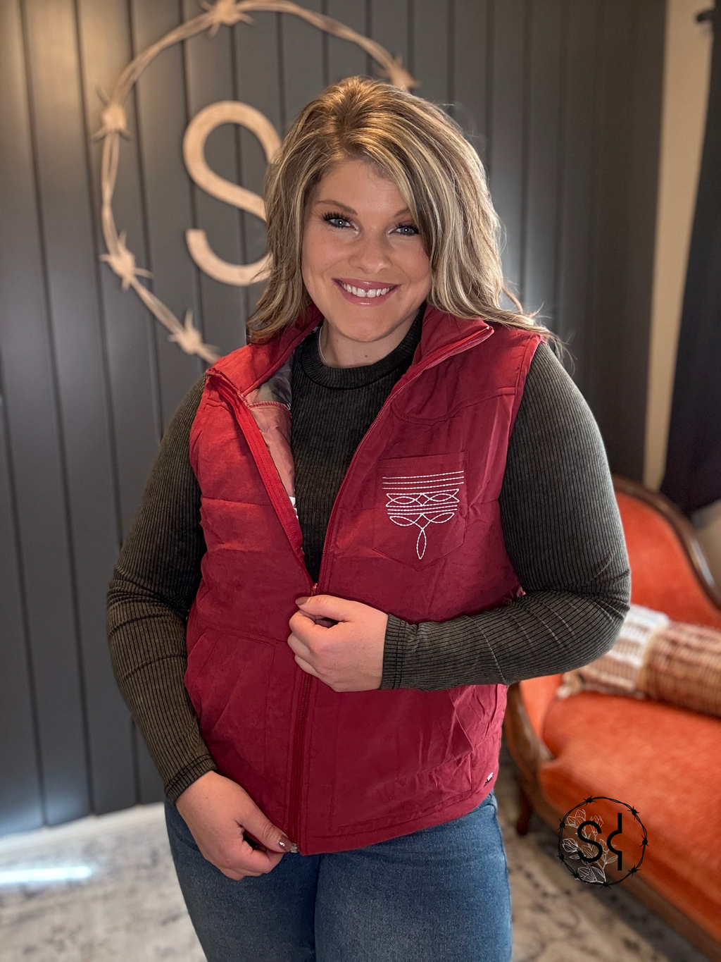 Wine Aztec Lining Puffer Vest