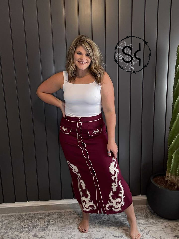 Wine Boot Stitch Embroidered Snap-Front Maxi Skirt