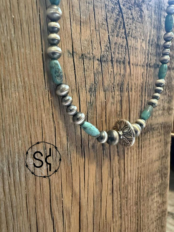 20" Genuine Turquoise & Sterling Pearls Necklace