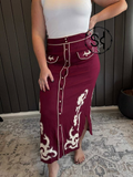 Wine Boot Stitch Embroidered Snap-Front Maxi Skirt
