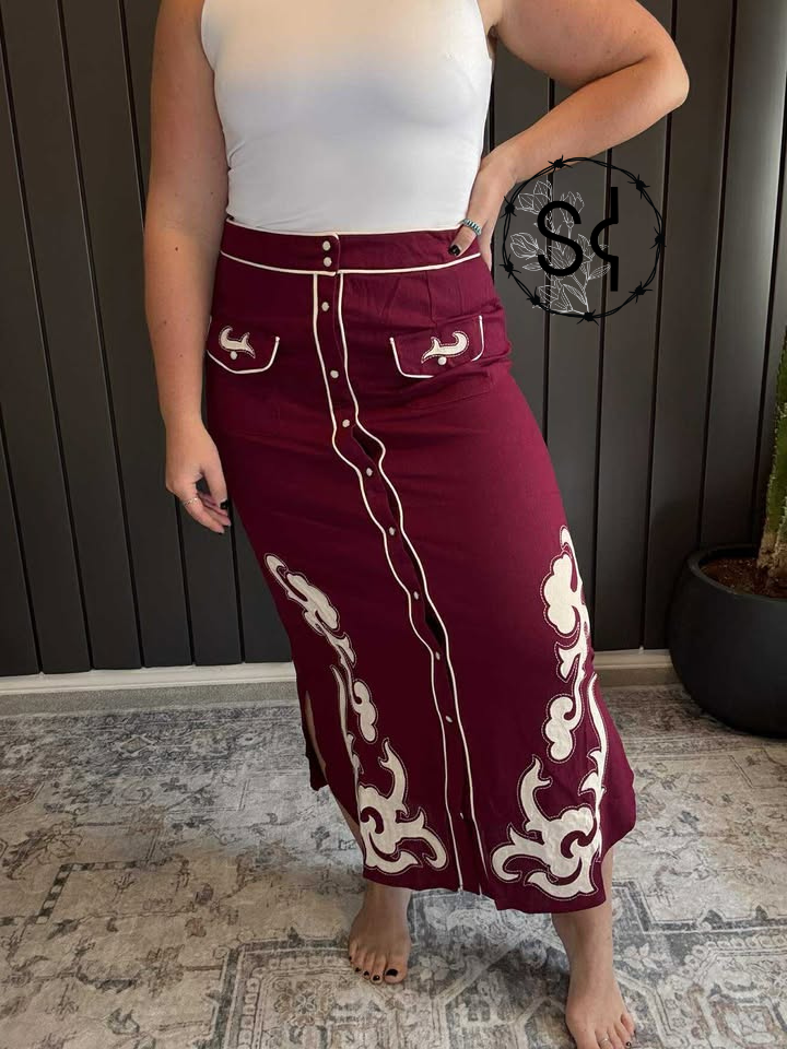Wine Boot Stitch Embroidered Snap-Front Maxi Skirt