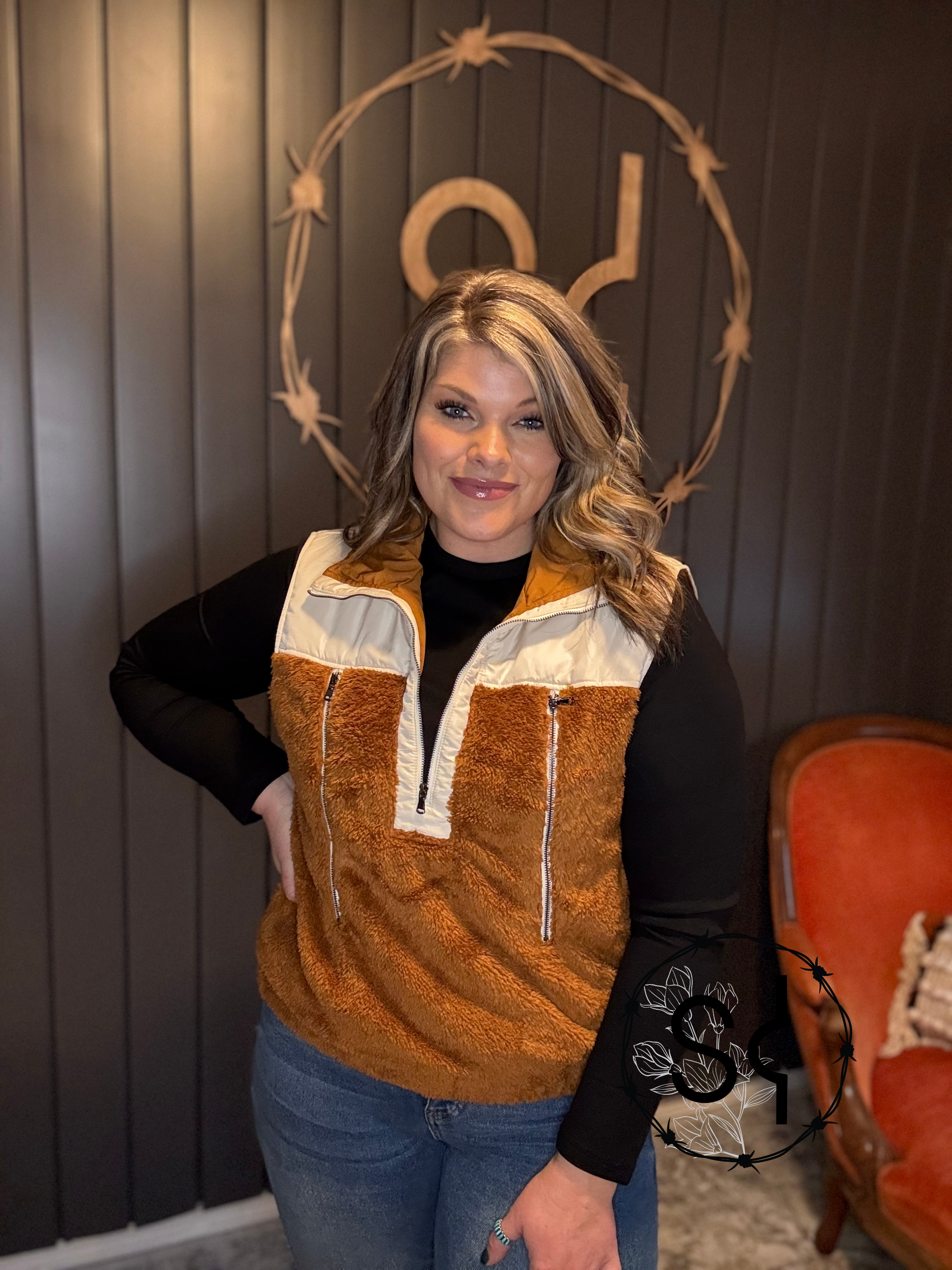 Block Plush Patchwork Zipper Vest