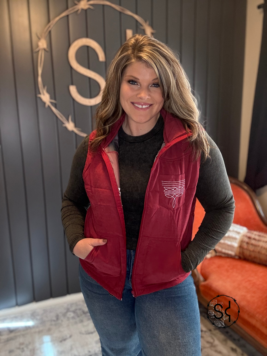 Wine Aztec Lining Puffer Vest