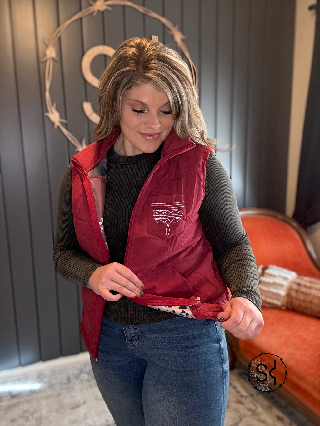 Wine Aztec Lining Puffer Vest